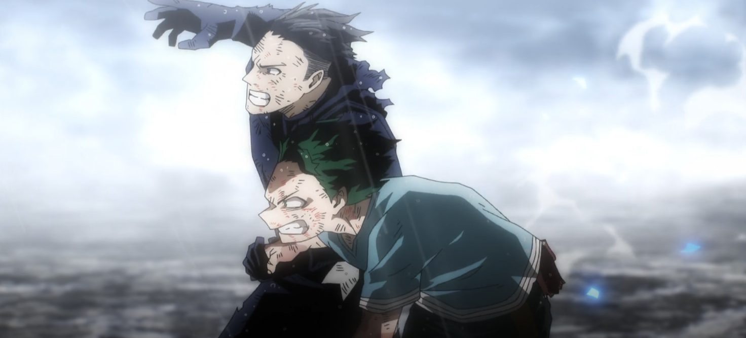 A screencap of Iida and Deku, both wounded and mid-motion
