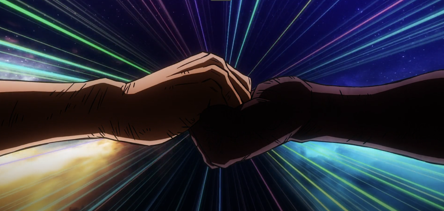 Bakugo and Deku holding hands to transfer One For All