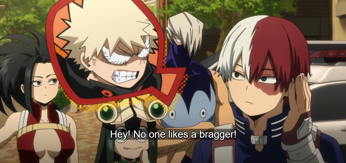 Hey! No one likes a bragger!, says Bakugo screaming into Todoroki's ear via phone
