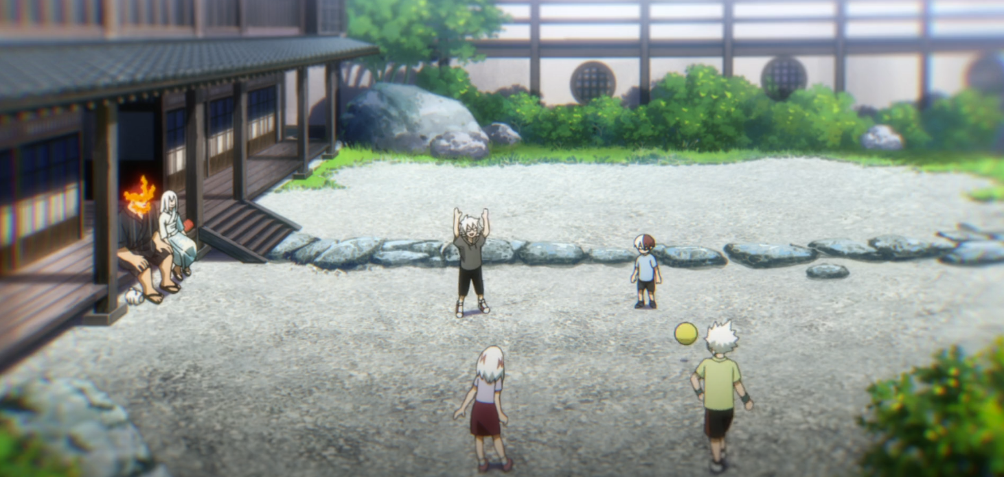 Endeavor and Rei sit on the veranda while the Todoroki siblings play with a ball